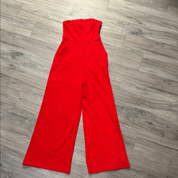 Express Pants - Express Vibrant Red Strapless Jumpsuit